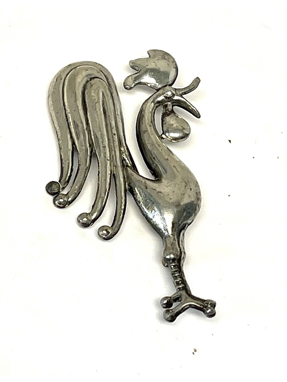 Vintage Silver Stainless Stamped Steel Rooster Pendant Brooch Pin 3.25 Inch